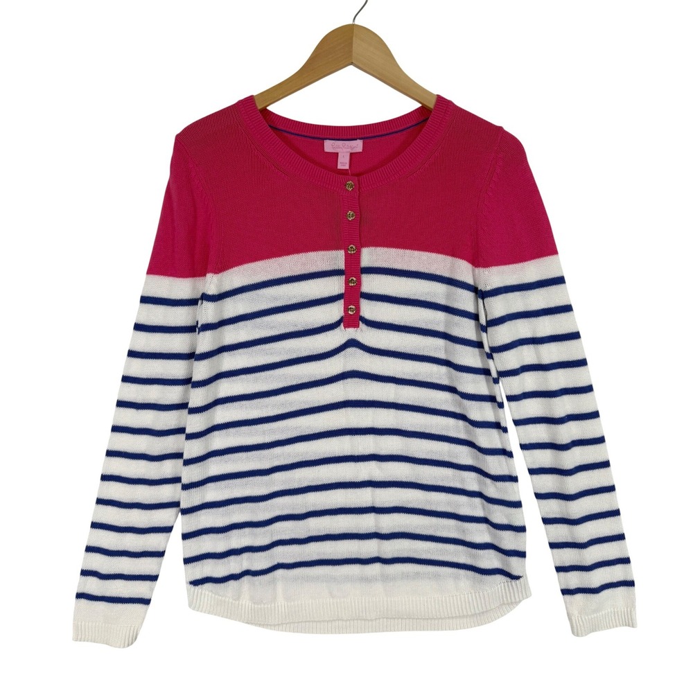Lilly Pulitzer Adair Sweater Women Large Pink White Striped Henley Cotton NWT